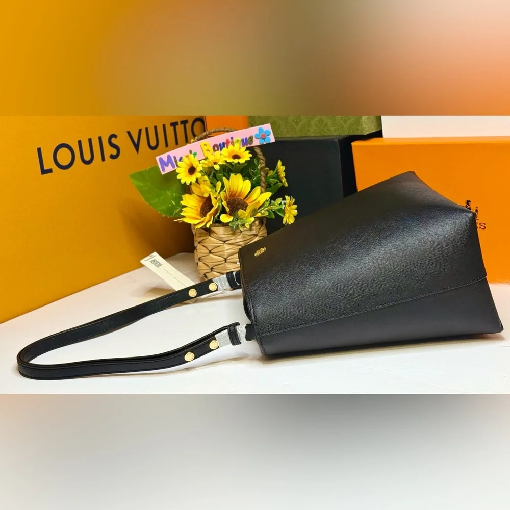 🆕TORY BURCH Emerson Saffiano Leather MD Convertible Bucket Bag ~Black~ 2inONE